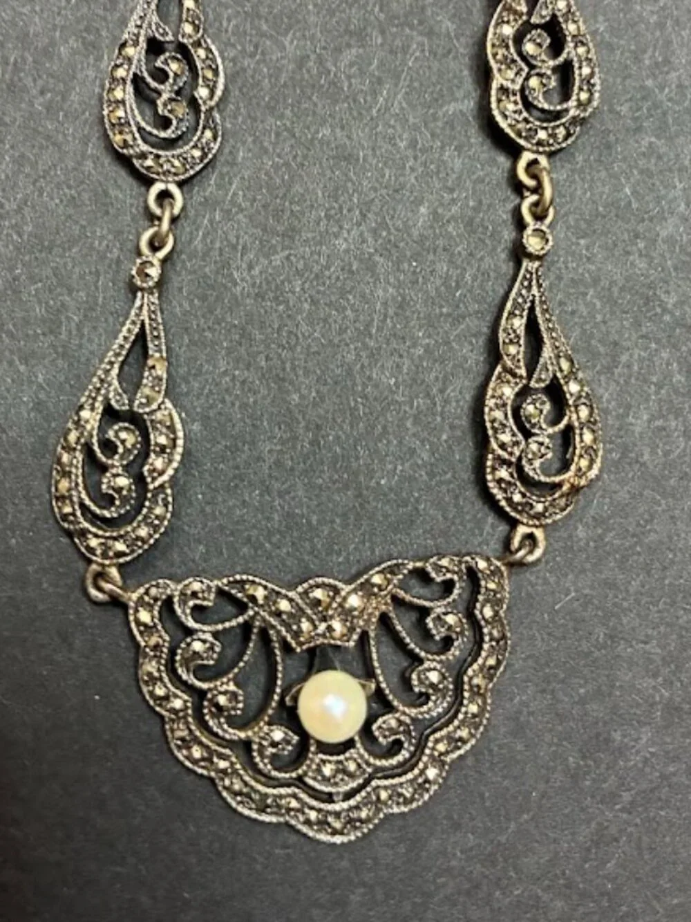Vintage 925 SHA Sterling Silver Marcasite Filigree Pearl Necklace 16